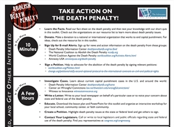 [ai] A flyer titled 'Take Action on the Death Penalty!' outlining steps to advocate against the death penalty, divided into sections for tasks that take 10 minutes or a few hours, including links to resources for donations, petitions, and contact information.